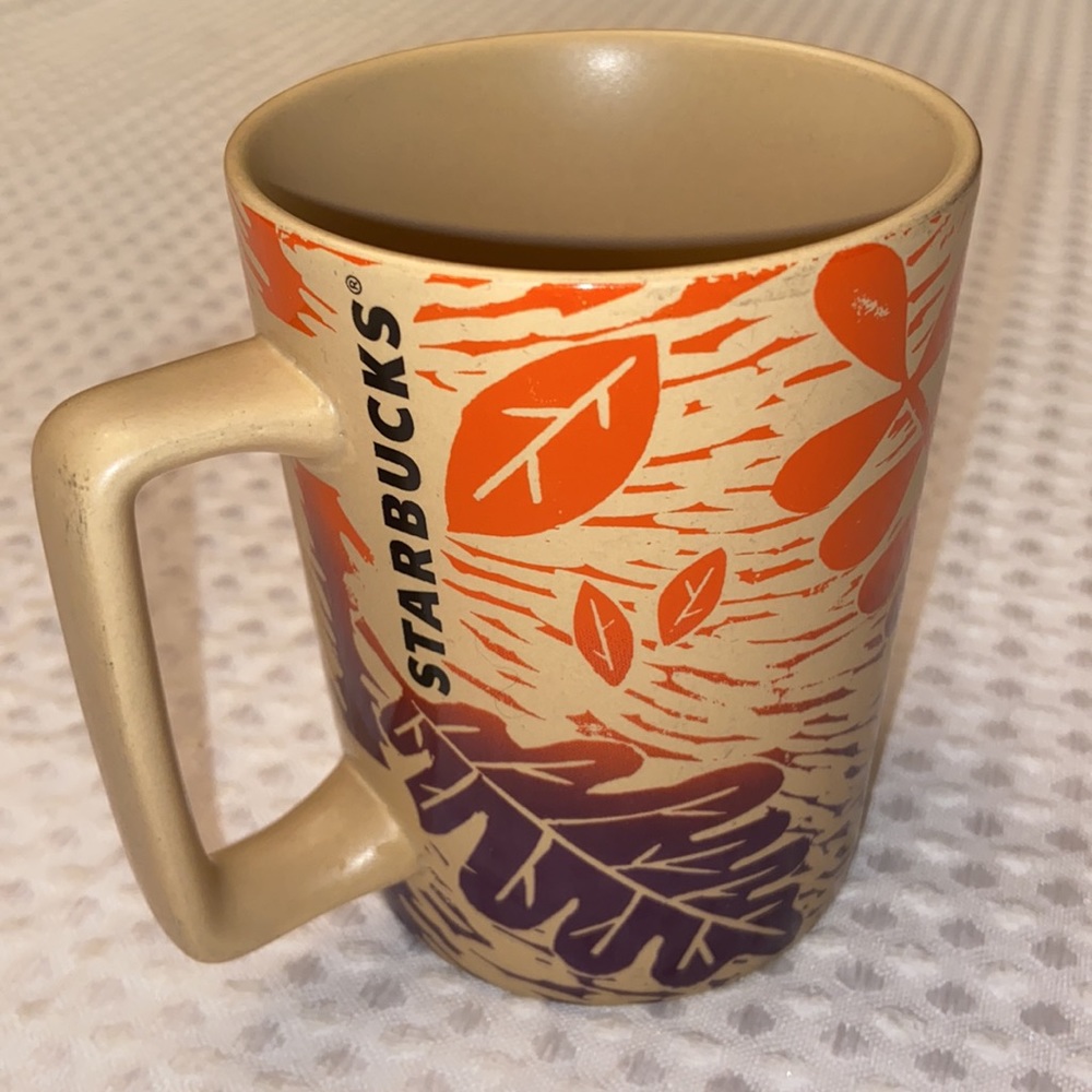 STARBUCKS 2017 Fall Leaves Mug Tan Orange Purple